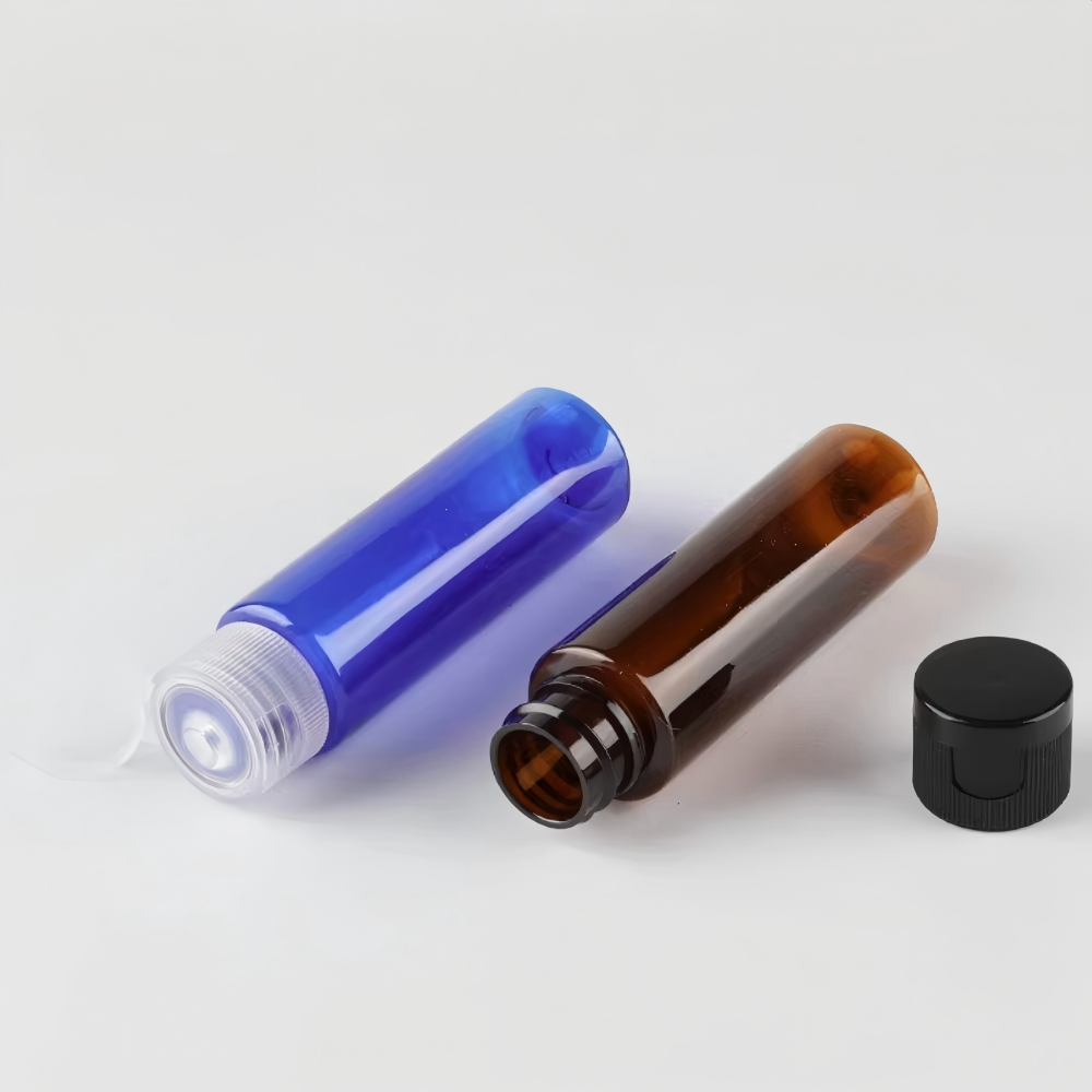 30ml ワンタッチキャップ付きPETボトル、ブルー、茶色、白い、赤い、緑、クリアーのカラーがあリます。