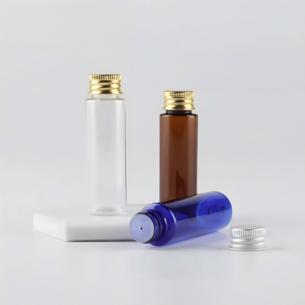 30ml アルミキャップ＆中栓付きPETボトル、ブルー、茶色、白い、赤い、緑、クリアーのカラーがあリます。