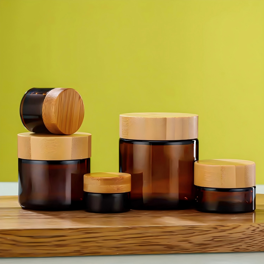 竹製のキャップ付のガラスクリームジャー　5ml 10ml 15ml 20ml 30ml 50ml 60ml 100ml の容量が在庫販売！