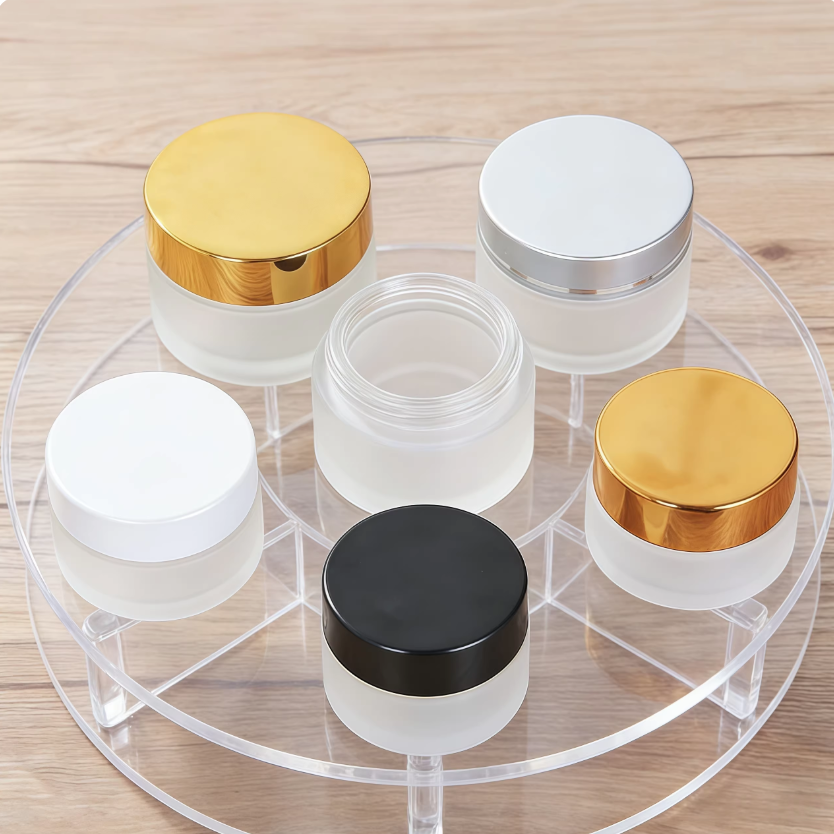 5ml 10ml 15ml 20ml 30ml 50ml 100ml くもりすりガラスジャーキャップ付;黒、白、シルバー、金カラーのキャップを選択でき。