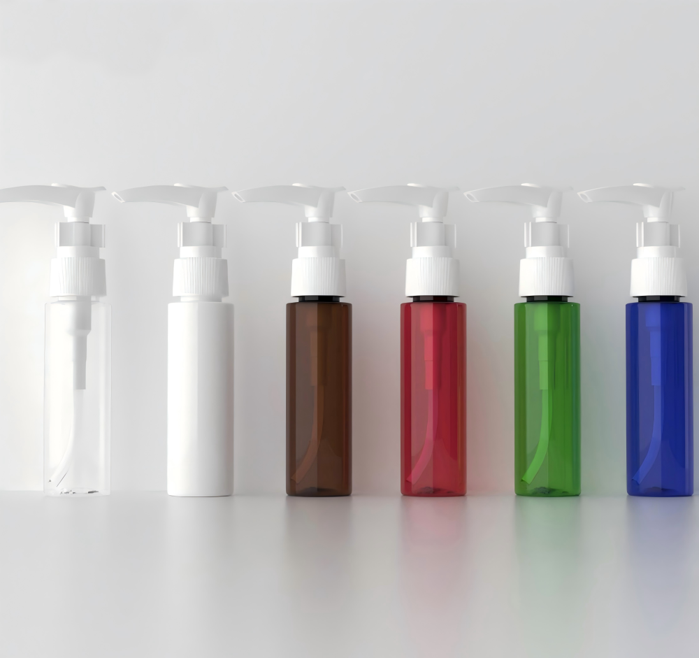30ml 長いポンプ付きPETボトル、ブルー、茶色、白い、赤い、緑、クリアーのカラーがあリます。