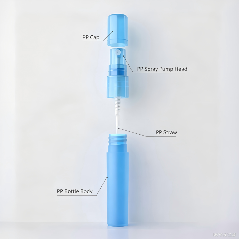 5ml 8ml 10ml プラスチックのPP製スプレーボトル，赤、くもりと青いカラーあります。
