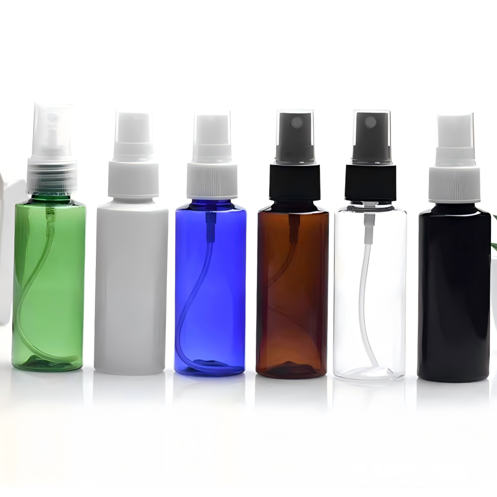 B社の50ml スプレー付きPETボトル、茶色、ブルー、緑、クリアー、白い、黒い在庫販売