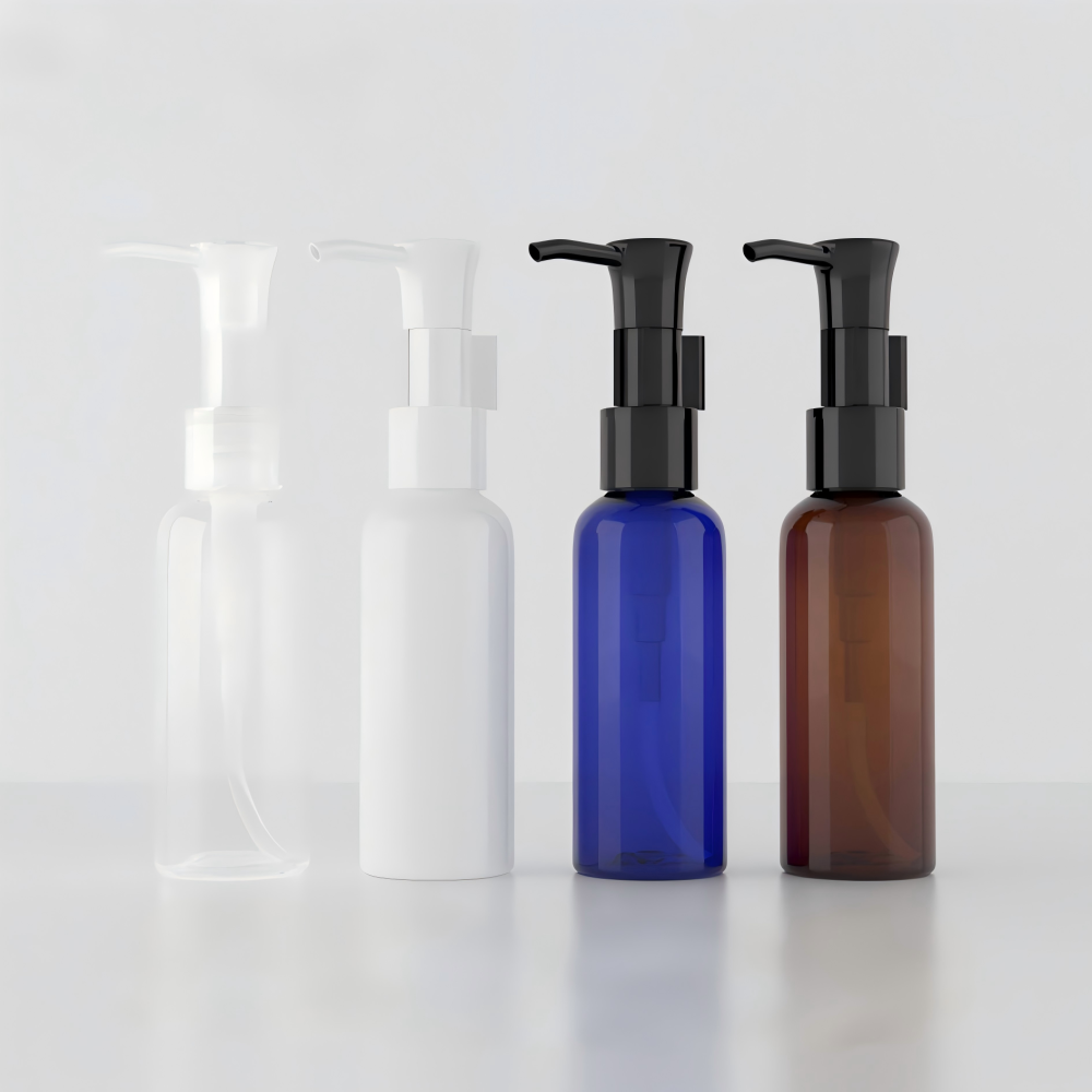 50ml オイルポンプ付きPETボトル、茶色、ブルー、緑、クリアー、白い、赤い、黒い在庫販売
