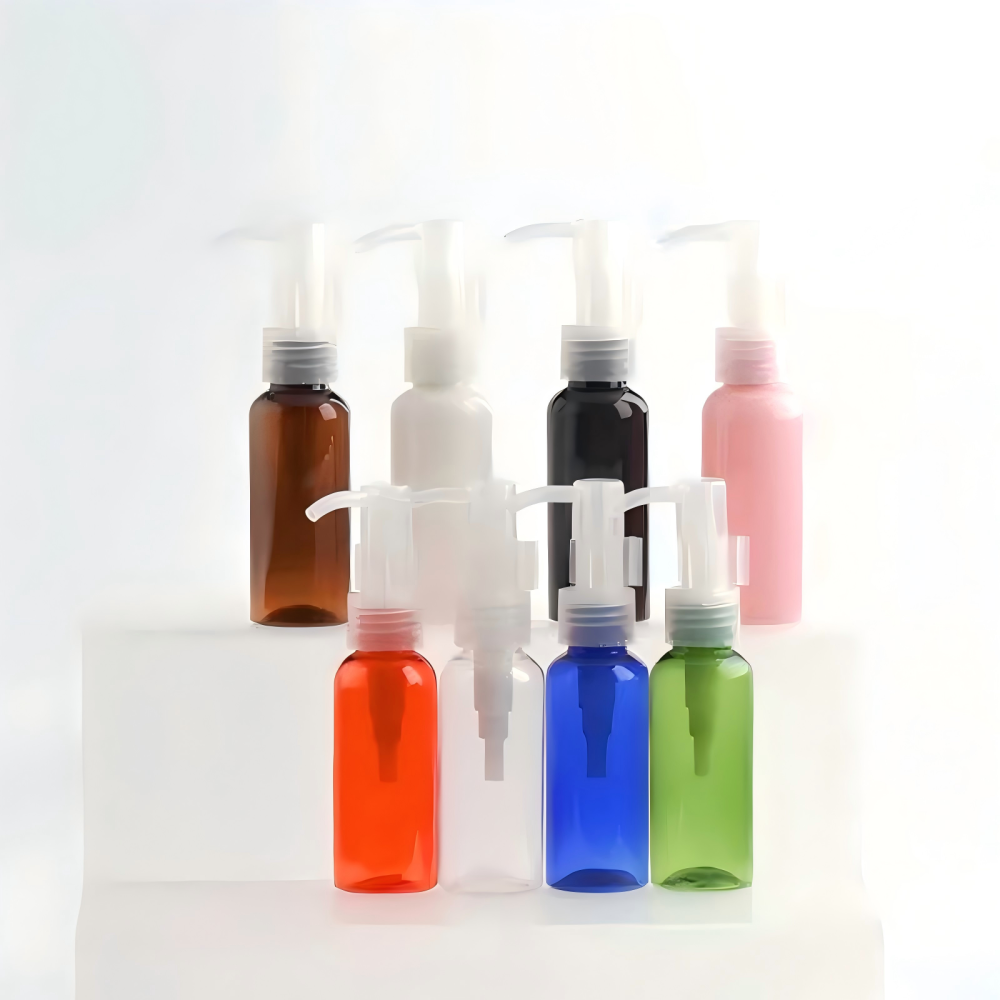 50ml オイルポンプ付きPETボトル、茶色、ブルー、緑、クリアー、白い、赤い、黒い在庫販売