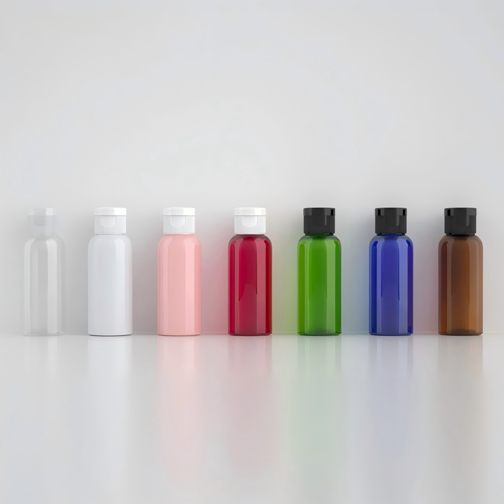 50ml ワンタッチ付きPETボトル、茶色、ブルー、緑、クリアー、白い、赤い、黒い在庫販売