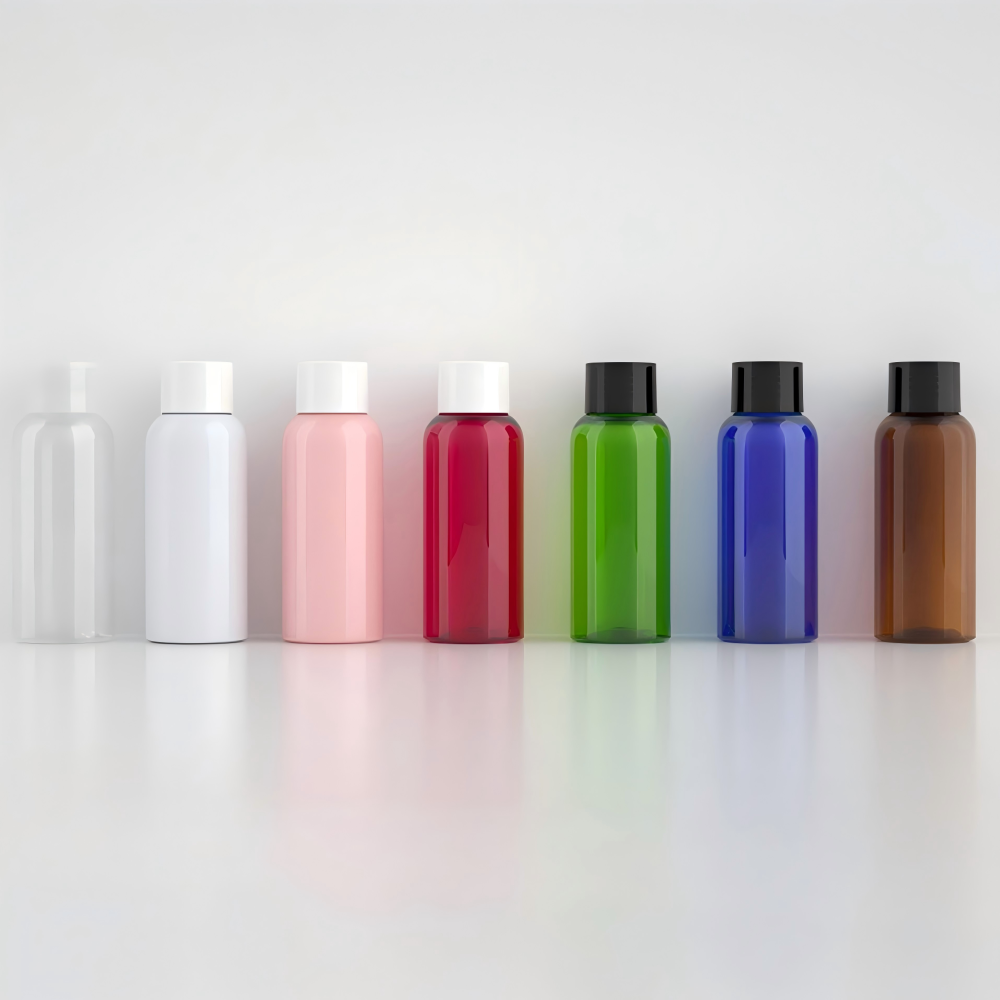 50ml スクリューキャップ付きPETボトル、茶色、ブルー、緑、クリアー、白い、赤い、黒い在庫販売