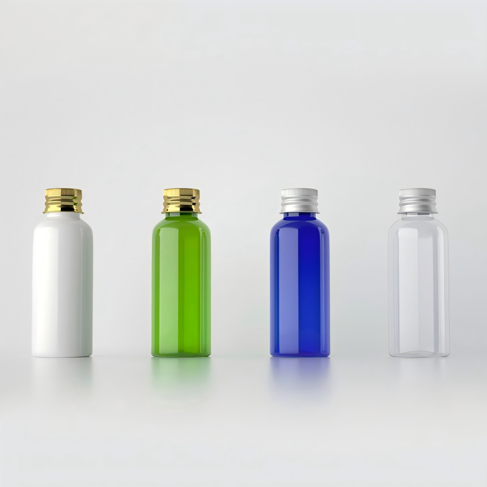 50ml アルミキャップと中栓付きPETボトル、茶色、ブルー、緑、クリアー、白い、赤い、黒い在庫販売