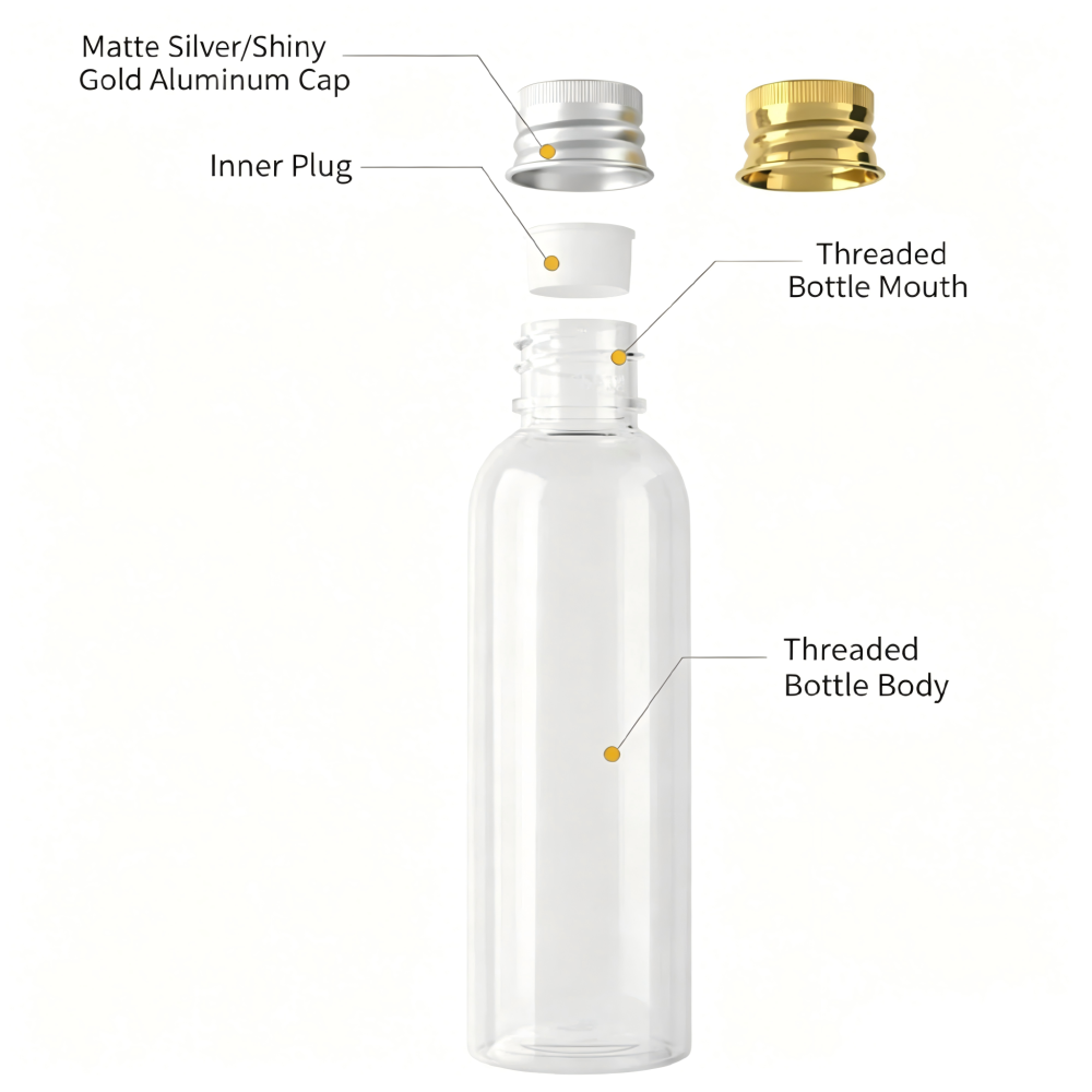 60ml アルミキャップ＆中栓付きPETボトル、茶色、ブルー、緑、クリアー、白い、黒い在庫販売