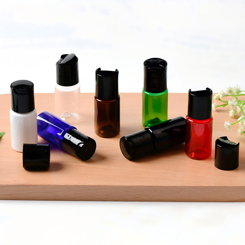 10mlディスクトップキャップPETボトル、ブルー、茶色、白い、赤い、緑、クリアーのカラーがあリます。