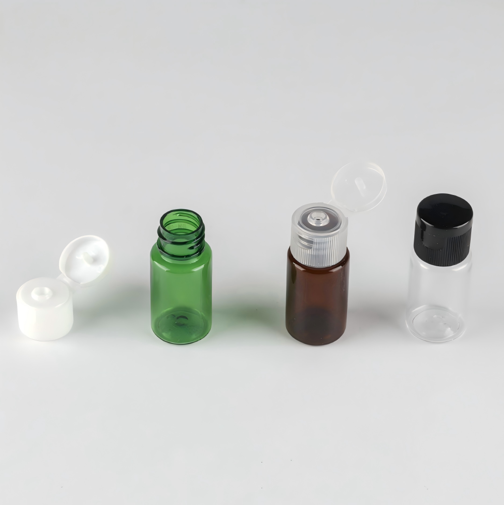 10ml ワンタッチキャップ付きPETボトル、ブルー、茶色、白い、赤い、緑、クリアーのカラーがあリます。