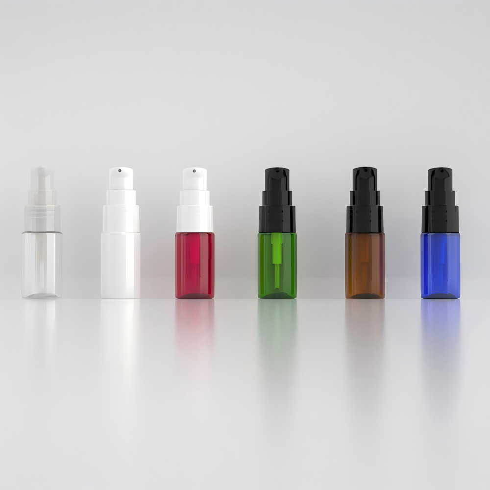 10ml ポンプ付きPETボトル、ブルー、茶色、白い、赤い、緑、クリアーのカラーがあリます。