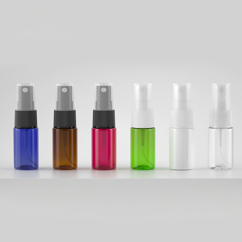 10ml ミストスプレー付きPETボトル、ブルー、茶色、白い、赤い、緑、クリアーのカラーがあリます。