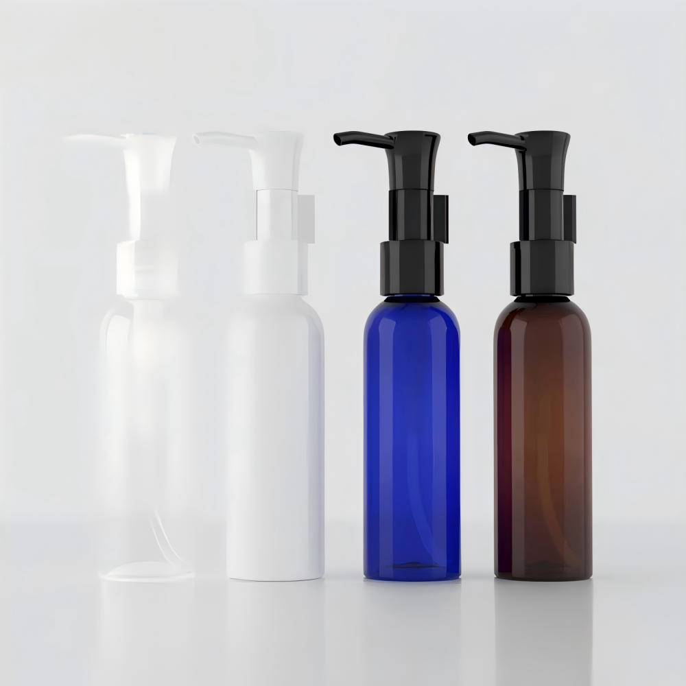 60ml オイルポンプ付きPETボトル、茶色、ブルー、緑、クリアー、白い、黒い在庫販売