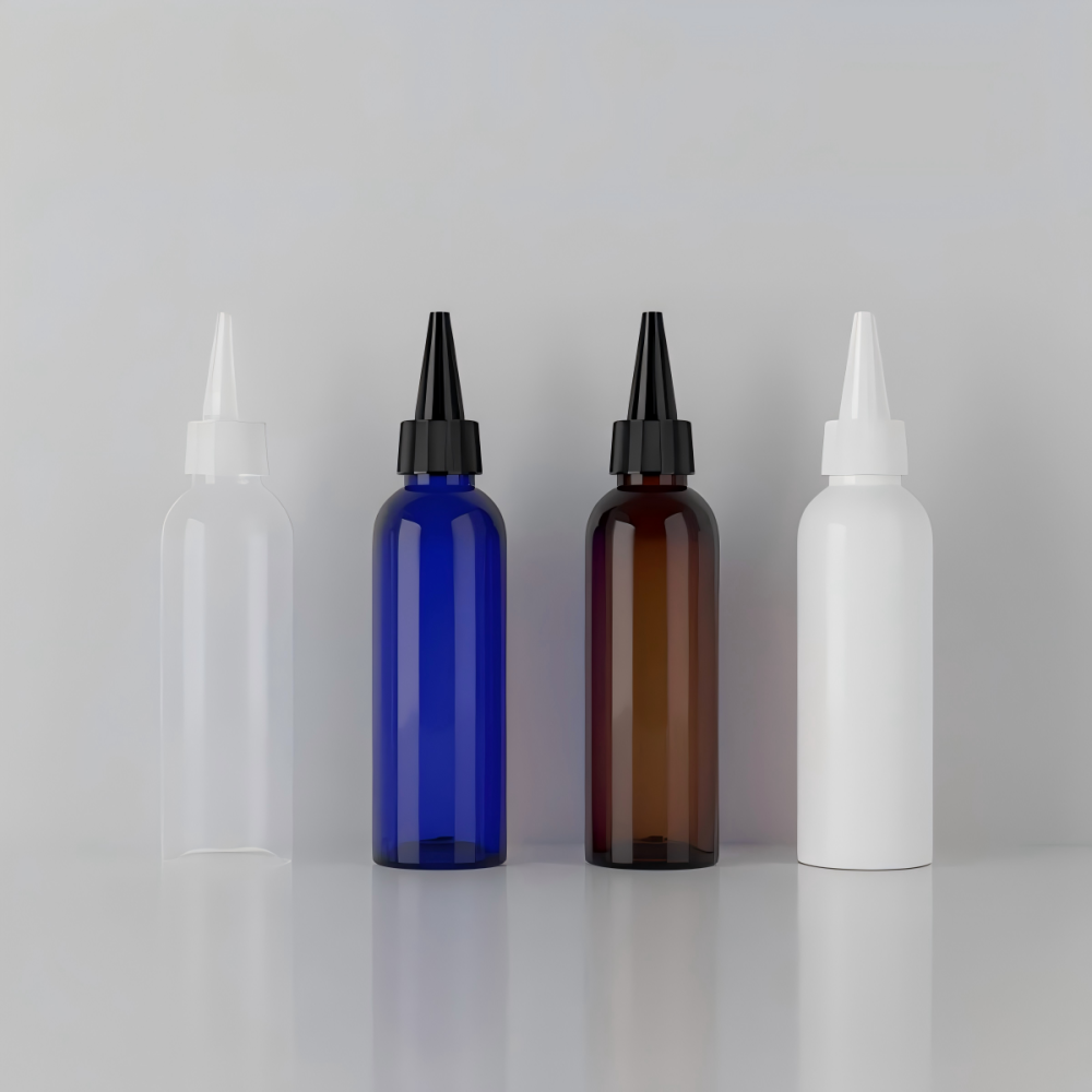 60ml 尖ったキャップ付きPETボトル、茶色、ブルー、緑、クリアー、白い、黒い在庫販売