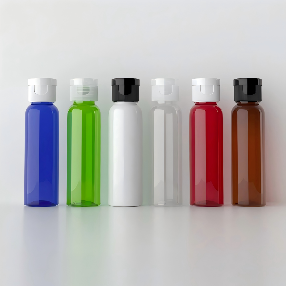 60ml ワンタッチ付きPETボトル、茶色、ブルー、緑、クリアー、白い、黒い在庫販売