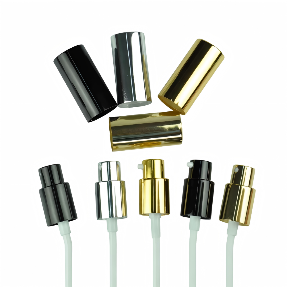 18mm口径瓶用のミストスプレーまたはポンプヘッドの単品です。シルバーと黒いカラーアルミナー材質10mlから100mlまで通用