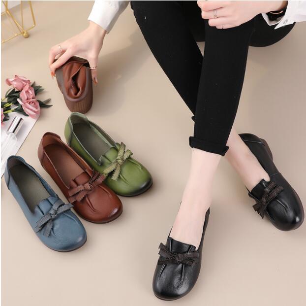 first layer cowhide retro women's flat round toe shoes CSG195