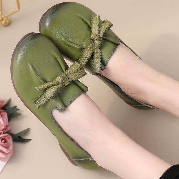 first layer cowhide retro women's flat round toe shoes CSG195