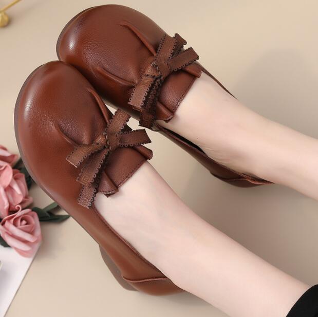 first layer cowhide retro women's flat round toe shoes CSG195