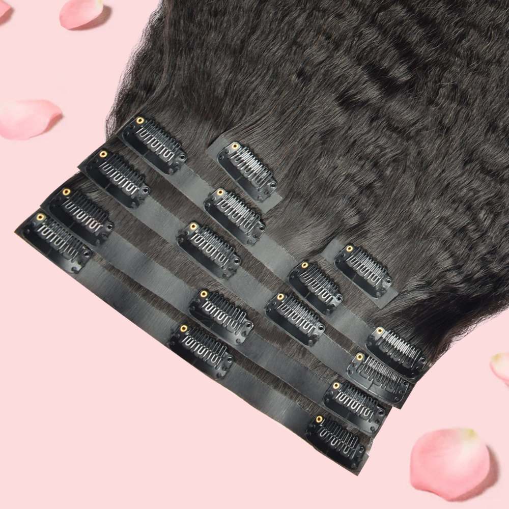 #1B 6Pcs Kinky Straight Clip in Hair Extensions Real Human Hair PU Seamless Clip ins Natural Black 110G RXHAIR
