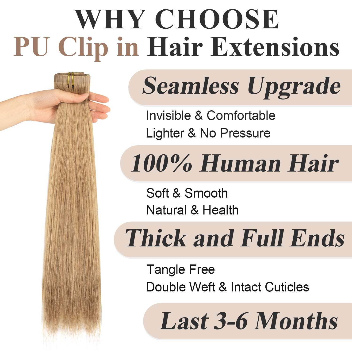 #18 Golden Blonde Straight Clip in Hair Extensions Real Human Hair PU Seamless Clip ins 6Pcs 110G RXHAIR