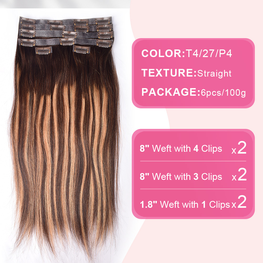#P4/27/T4 Straight Clip in Hair Extensions Real Human Hair PU Seamless Clip ins 6Pcs 120G RXHAIR