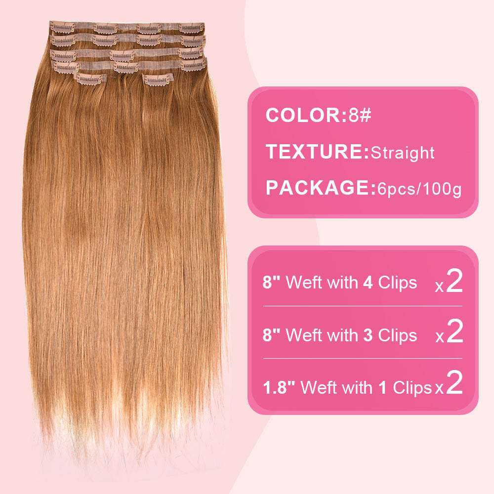 #8 Straight Clip in Hair Extensions Real Human Hair PU Seamless Clip ins 6Pcs 110G RXHAIR
