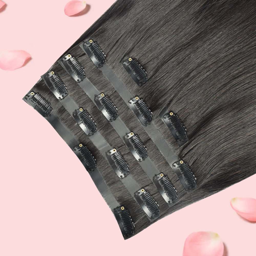 #1B 6Pcs Straight Clip in Hair Extensions Real Human Hair PU Seamless Clip ins Natural Black 110G RXHAIR