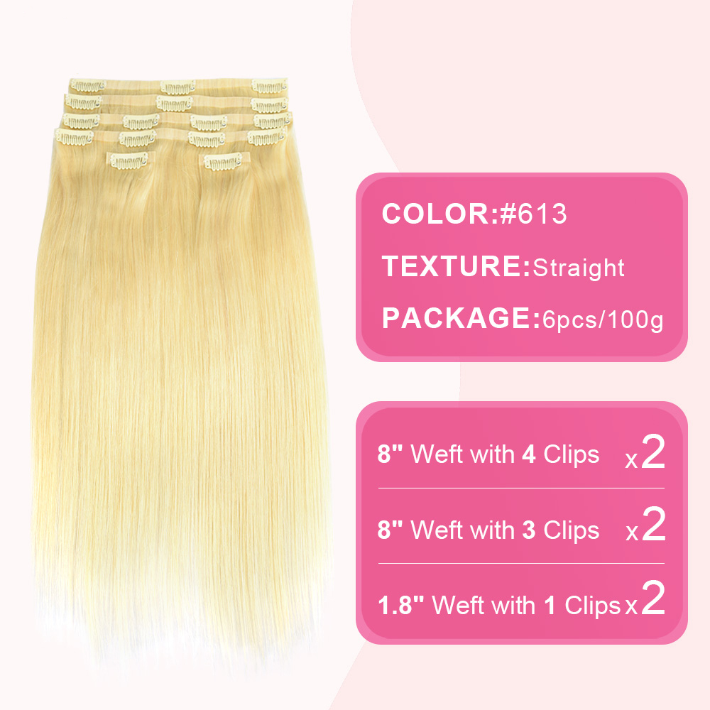 #613 Straight Clip in Hair Extensions Real Human Hair PU Seamless Clip ins 6Pcs 110G RXHAIR