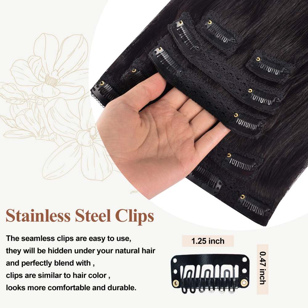 #1B 6Pcs Straight Clip in Hair Extensions Real Human Hair Invisible Lace Clip ins Natural Black 110G RXHAIR