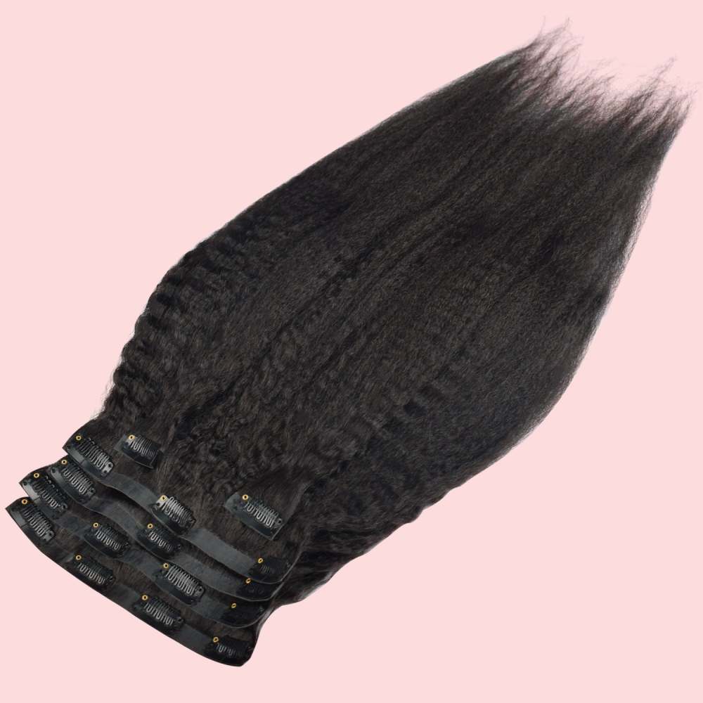 #1B 6Pcs Kinky Straight Clip in Hair Extensions Real Human Hair PU Seamless Clip ins Natural Black 110G RXHAIR