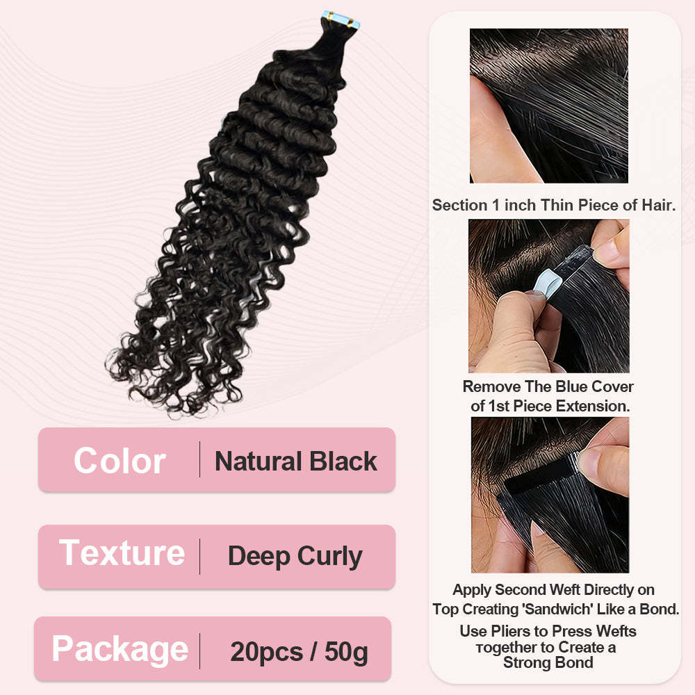 #1B Deep Curly Tape in Hair Extensions Human Hair 20pcs 50g/pack Seamless Skin Weft Hair RXHAIR
