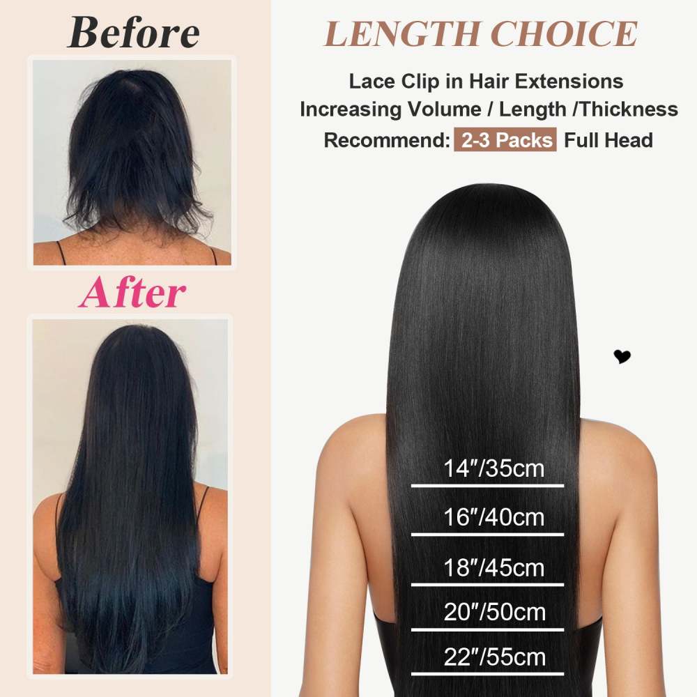 #1B 6Pcs Straight Clip in Hair Extensions Real Human Hair Invisible Lace Clip ins Natural Black 110G RXHAIR