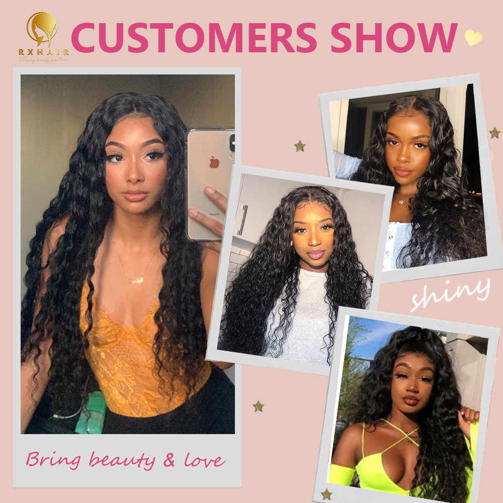 #1B Deep Wave Human Hair Bundles Brazilian Virgin Hair Weave Bundles Double Wefts Weave 3 Bundles Natural Black RXHAIR