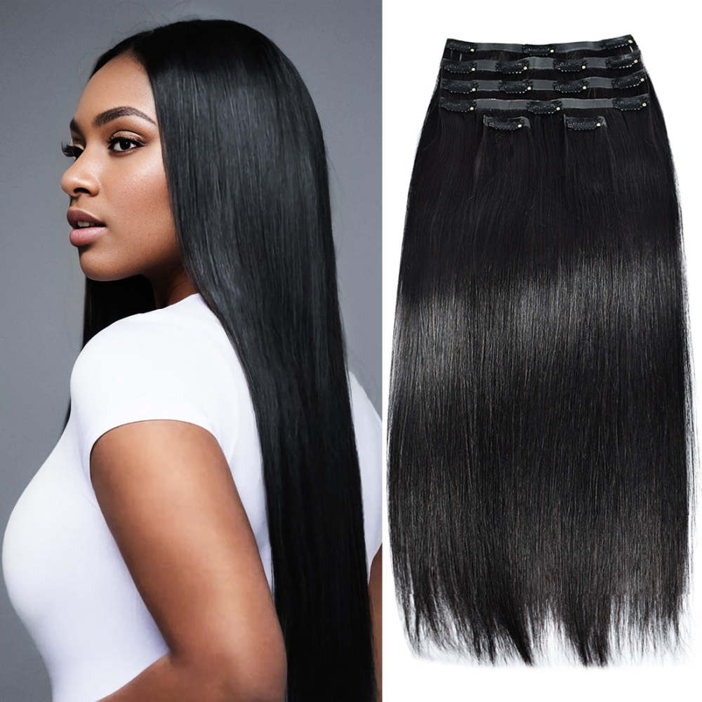 #1B 6Pcs Straight Clip in Hair Extensions Real Human Hair PU Seamless Clip ins Natural Black 110G RXHAIR