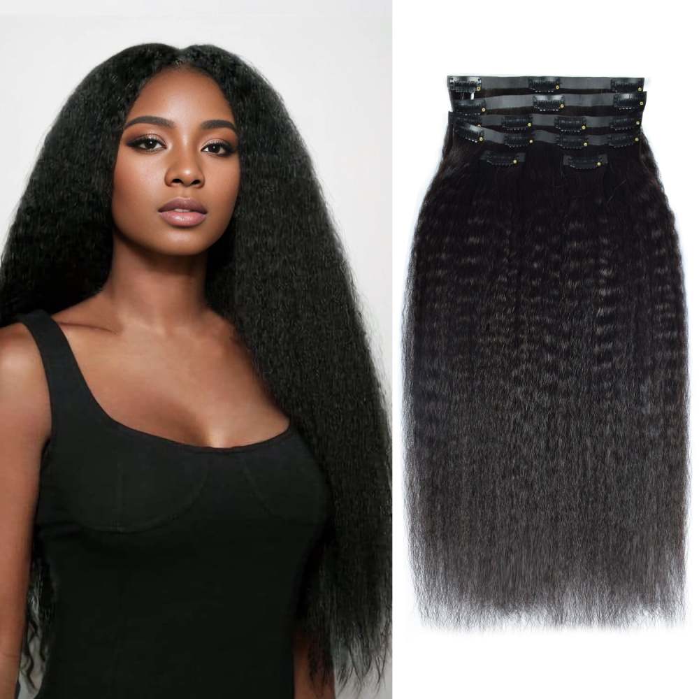 #1B 6Pcs Kinky Straight Clip in Hair Extensions Real Human Hair PU Seamless Clip ins Natural Black 110G RXHAIR