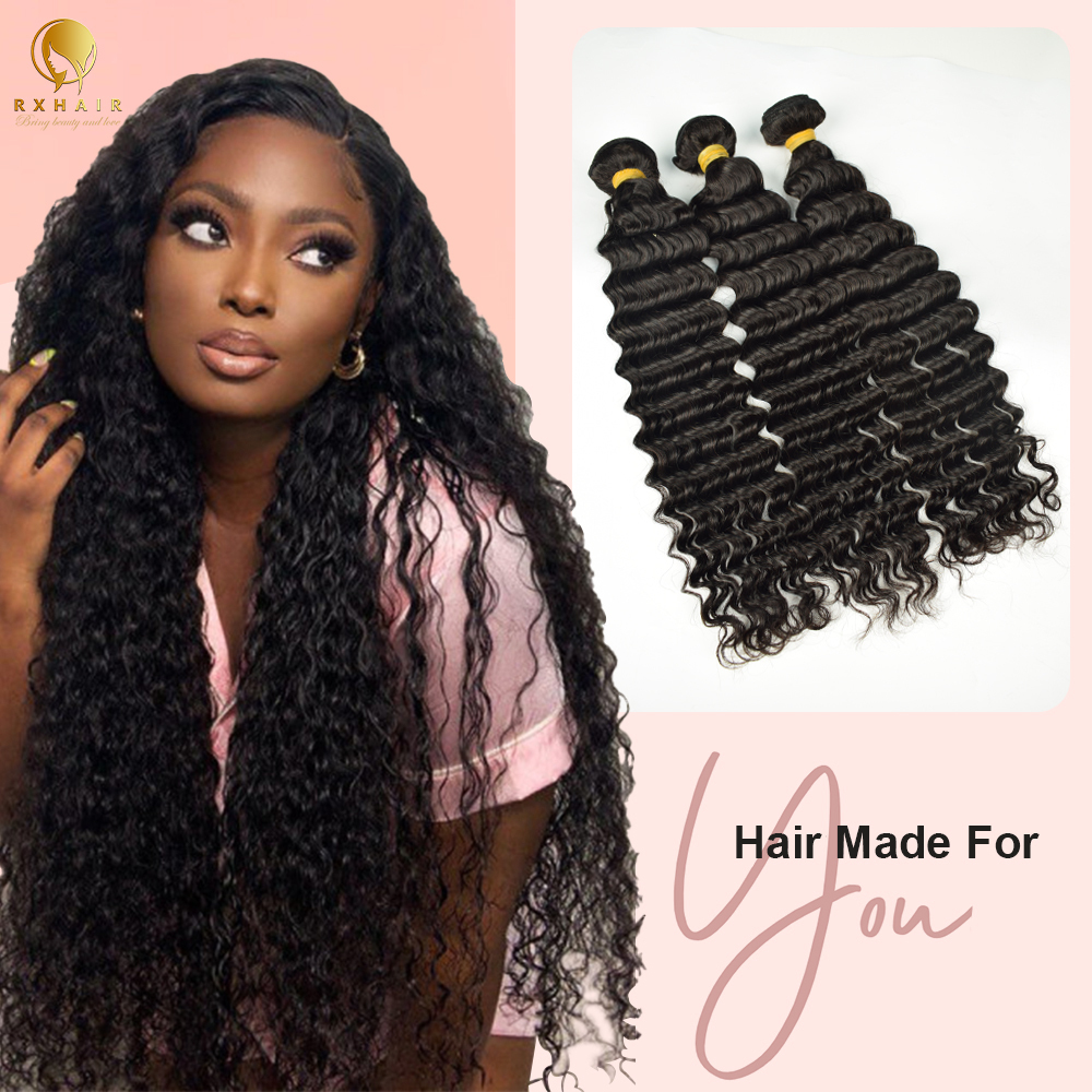 #1B Deep Wave Human Hair Bundles Brazilian Virgin Hair Weave Bundles Double Wefts Weave 3 Bundles Natural Black RXHAIR
