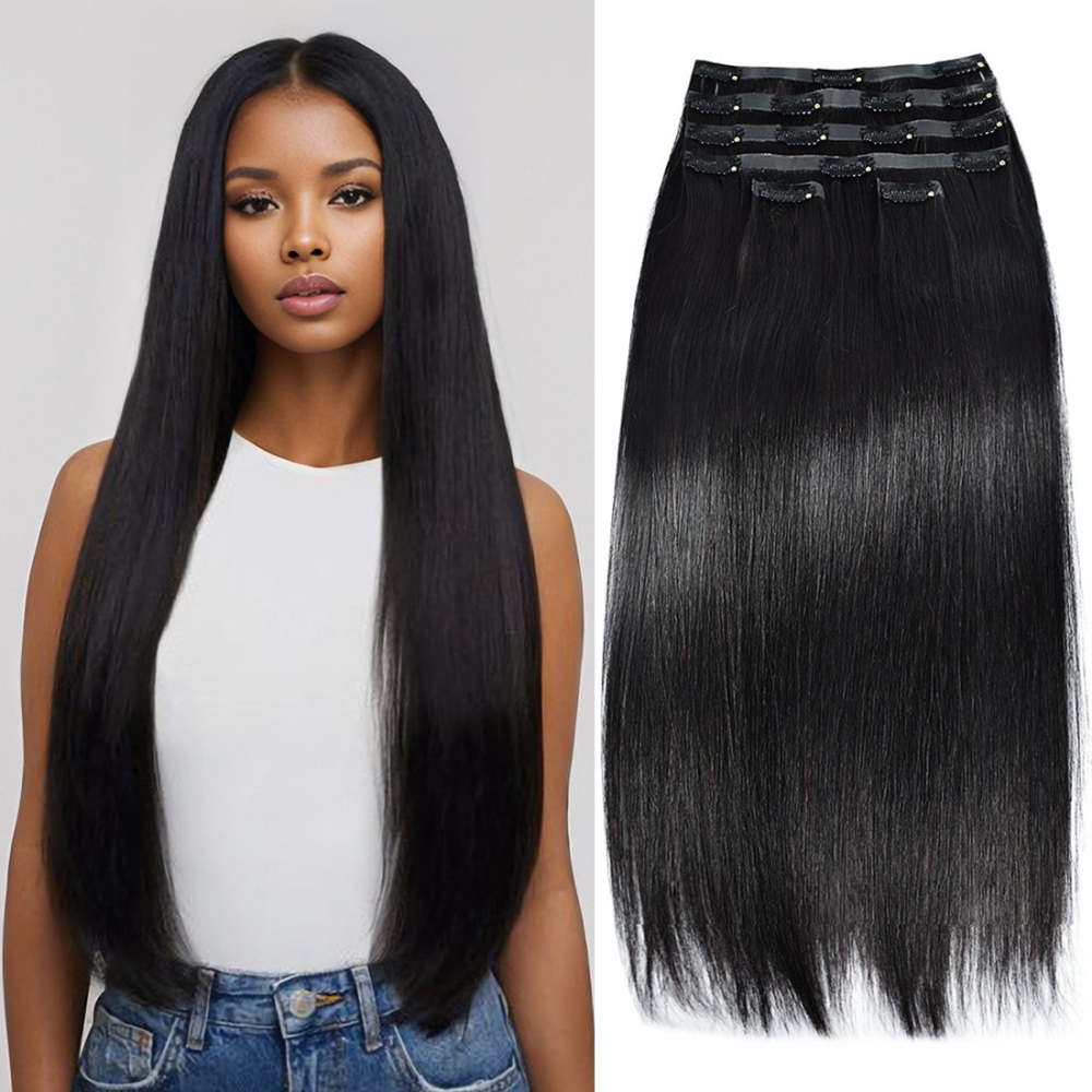 #1B 6Pcs Straight Clip in Hair Extensions Real Human Hair PU Seamless Clip ins Natural Black 110G RXHAIR