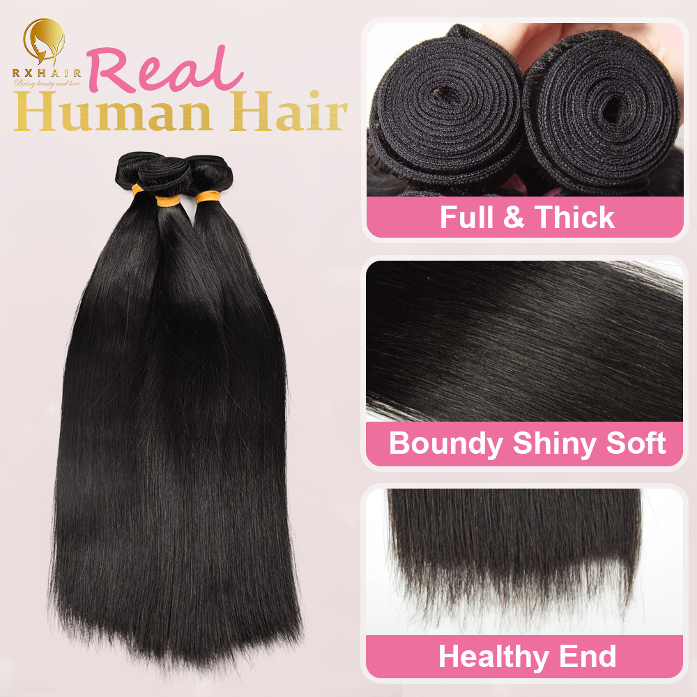 #1 Straight Hair 3 Bundles 100% Unprocessed Brazilian Virgin Human Hair Weave Bundles for Black Women RXHAIR