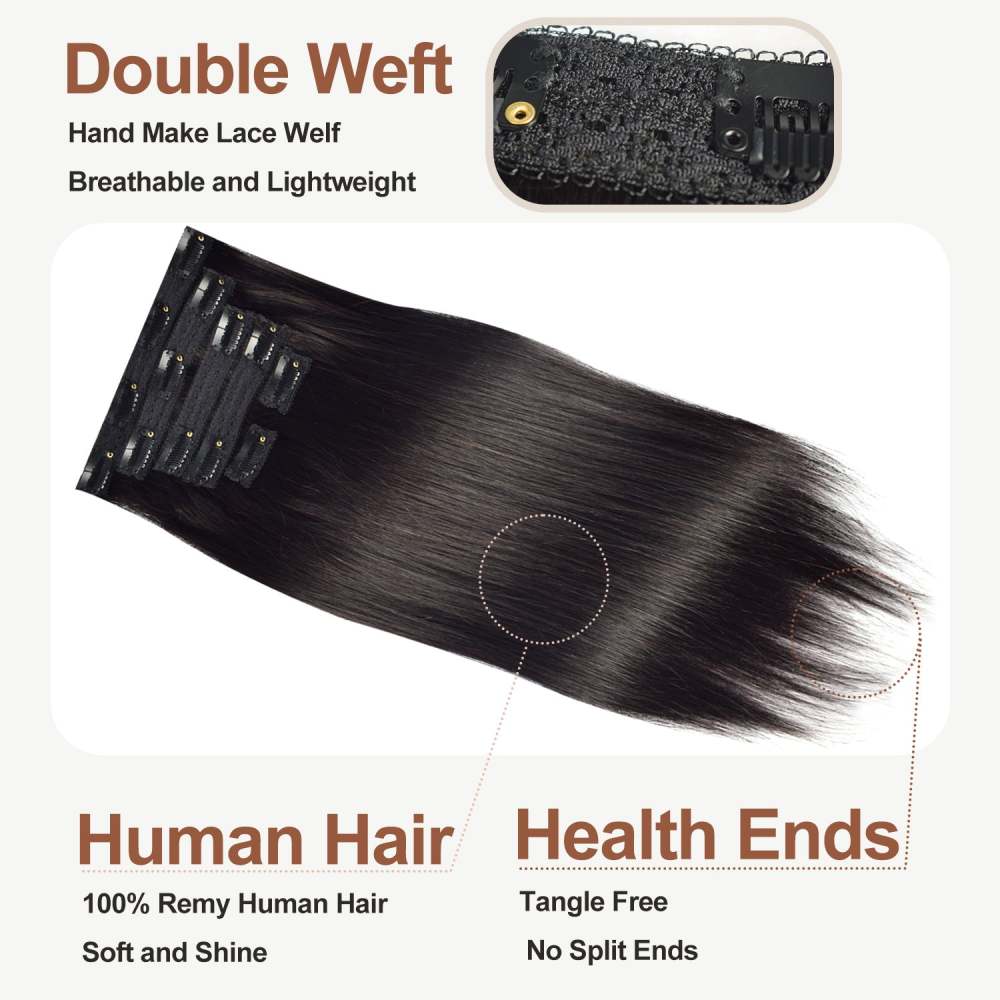 #1B 6Pcs Straight Clip in Hair Extensions Real Human Hair Invisible Lace Clip ins Natural Black 110G RXHAIR