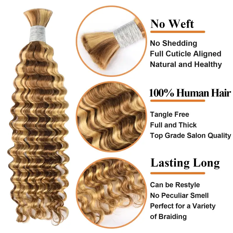#P30/613 Ombre Brown Boho Braids Deep Wave No Weft Bulk Hair for Human Hair RXHAIR