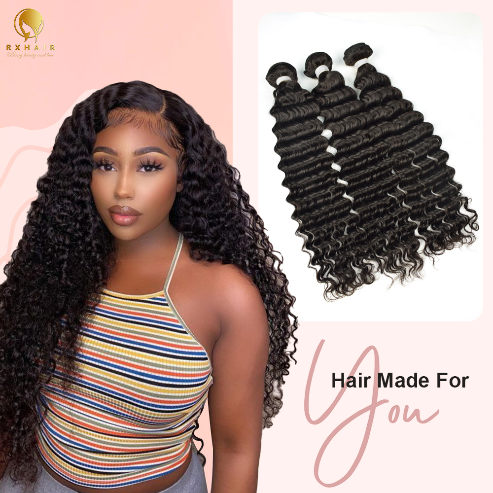 #1B Deep Wave 14A Human Hair Bundles Brazilian Virgin Hair Weave Bundles Double Wefts Weave Bundles Natural Black RXHAIR