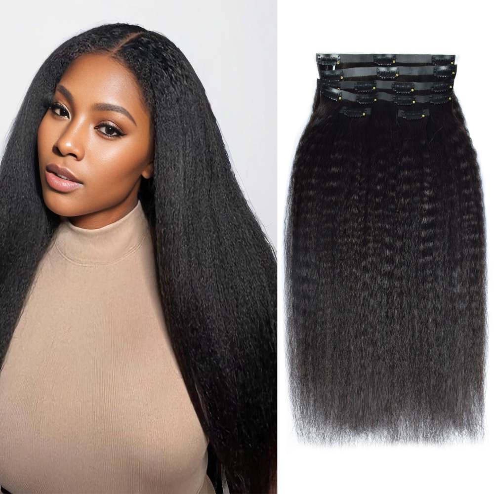 #1B 6Pcs Kinky Straight Clip in Hair Extensions Real Human Hair PU Seamless Clip ins Natural Black 110G RXHAIR