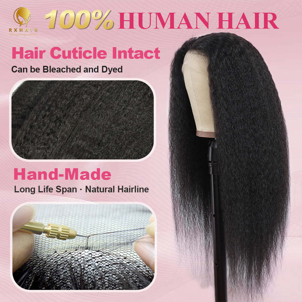 #1B Kinky Straight HD Lace Front Wigs Human Hair 200% Density Transparent Lace Frontal Wigs Pre Plucked With Baby Hair RXHAIR