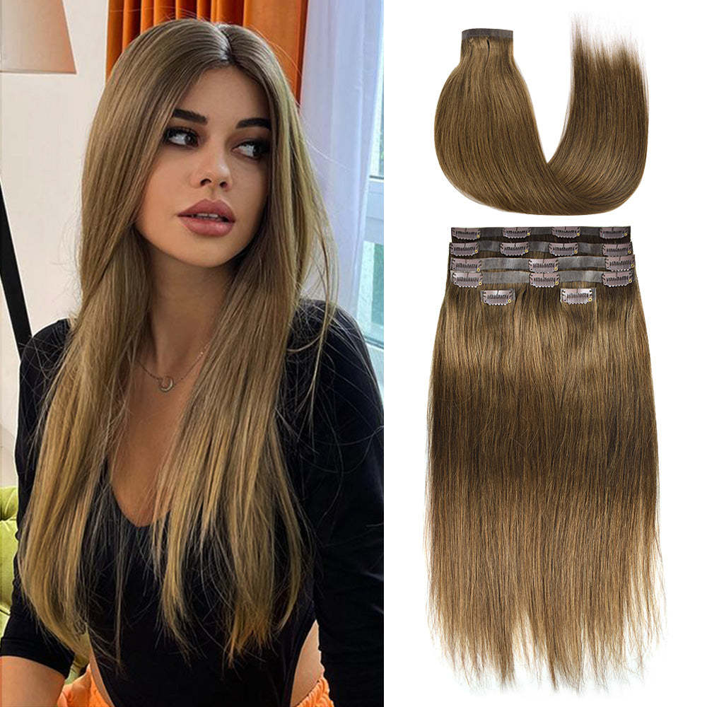 #7 Straight Clip in Hair Extensions Real Human Hair PU Seamless Clip ins 6Pcs 110G RXHAIR