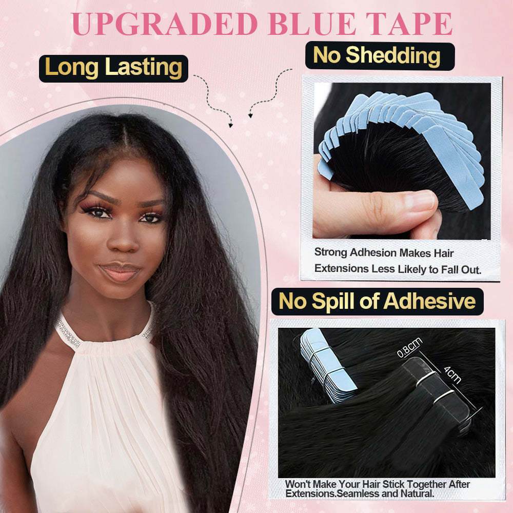 #1B Kinky Straight Tape in Hair Extensions Human Hair 20pcs 50g/pack Seamless Skin Weft Hair RXHAIR