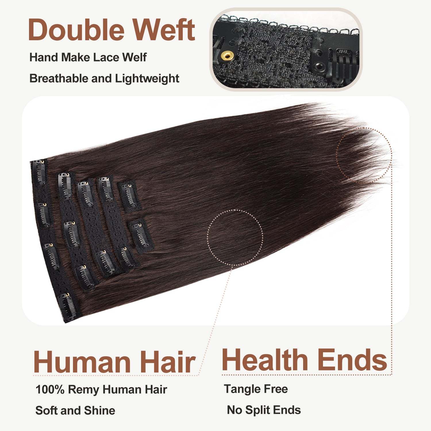 #2 Dark Brown Straight Clip in Hair Extensions Real Human Hair Invisible Lace Clip ins 6Pcs 110G RXHAIR