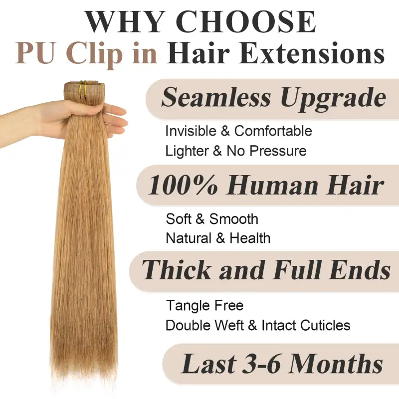 #12 Strawberry Blonde Straight Clip in Hair Extensions Real Human Hair PU Seamless Clip ins 6Pcs 120G RXHAIR