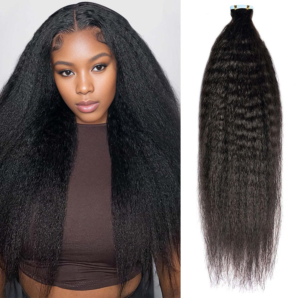 #1B Kinky Straight Tape in Hair Extensions Human Hair 20pcs 50g/pack Seamless Skin Weft Hair RXHAIR